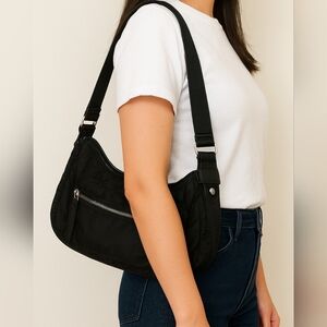 LACOSTE Y2K Black Nylon Hobo Shoulder Bag Crocodile Pull‎